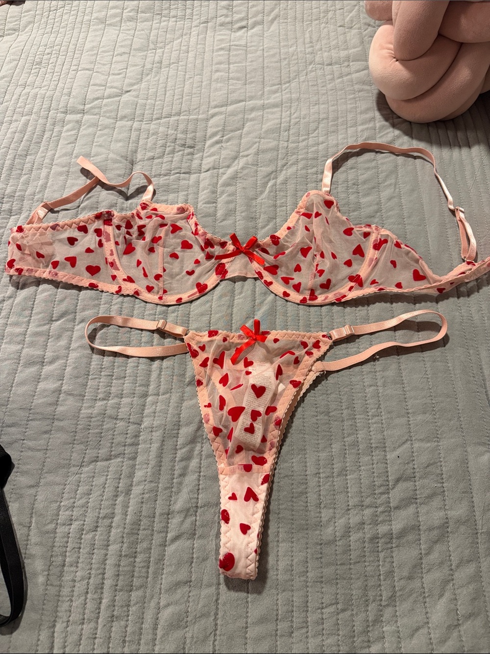 Sheer Pink Lingerie Set with Red Heart Print